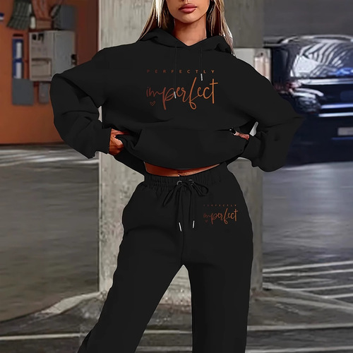 Factory Stock 2025 Hot Trend Cross-border European and American Women's Clothing Letter Print Hooded Sweatshirt and Fashion Casual Pants Set