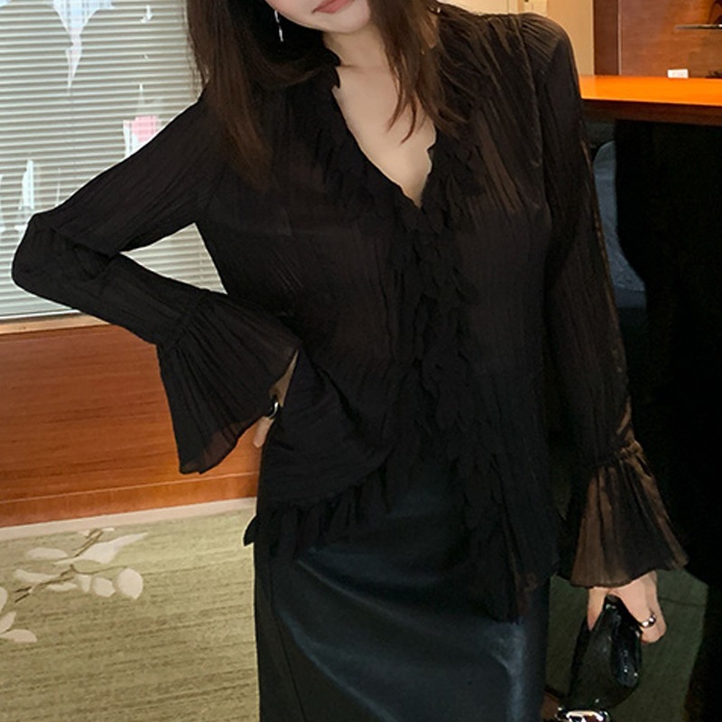 温柔法式花瓣v领蓝色女士衬衫2025年早秋新款高级设计感长袖上衣|undefined