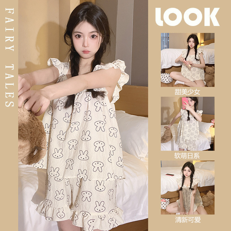 Wholesale summer thin cotton and linen gauze pajamas women's summer sweet girl lace camisole home wear suit