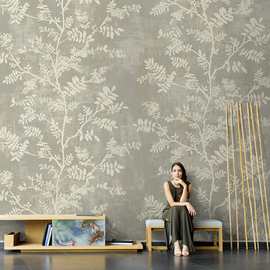 美式手绘法式墙布沙发客厅电视背景墙壁纸家用树叶壁画艺术壁画