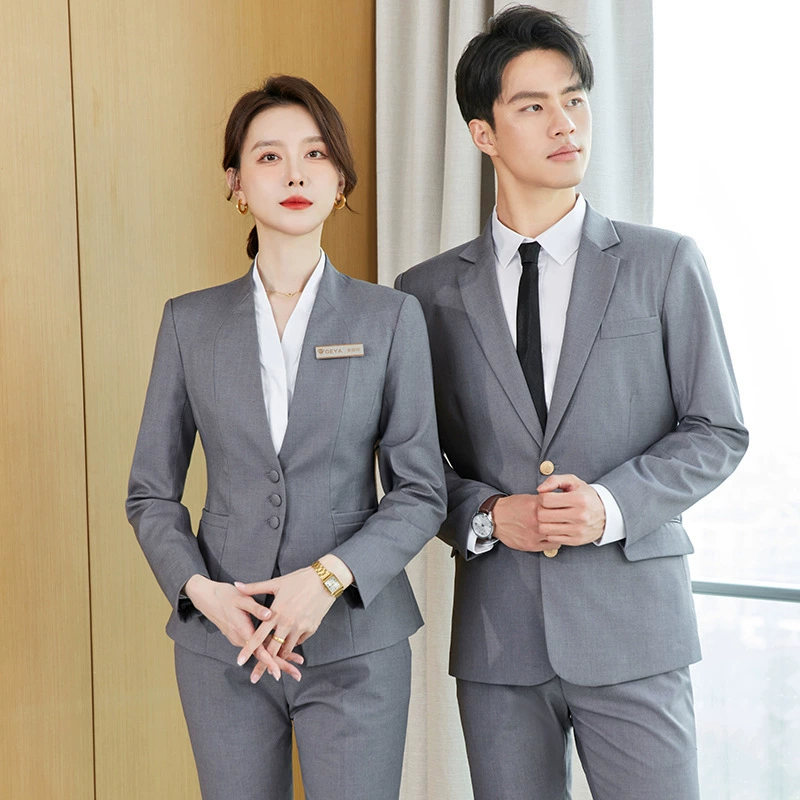 Серый костюм женский V-образный вырез высокого класса косметолог ювелирный магазин рабочая одежда