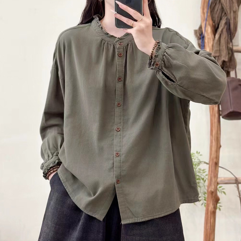 复古双层棉纱长袖衬衫女宽松大码休闲显瘦立领休闲上衣衬衣女装|undefined
