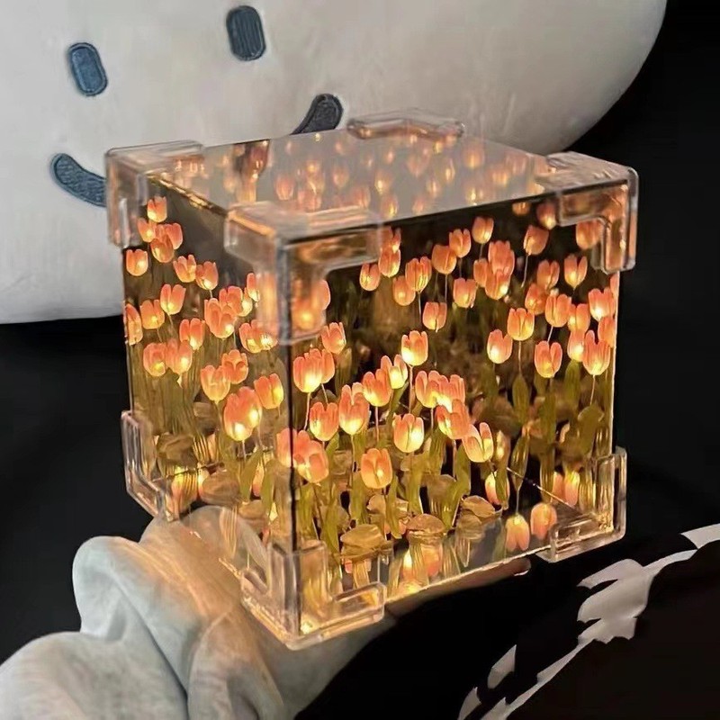 创意魔方郁金香小夜灯手工diy花海氛围灯亚克力镜子立体摆件礼品|undefined