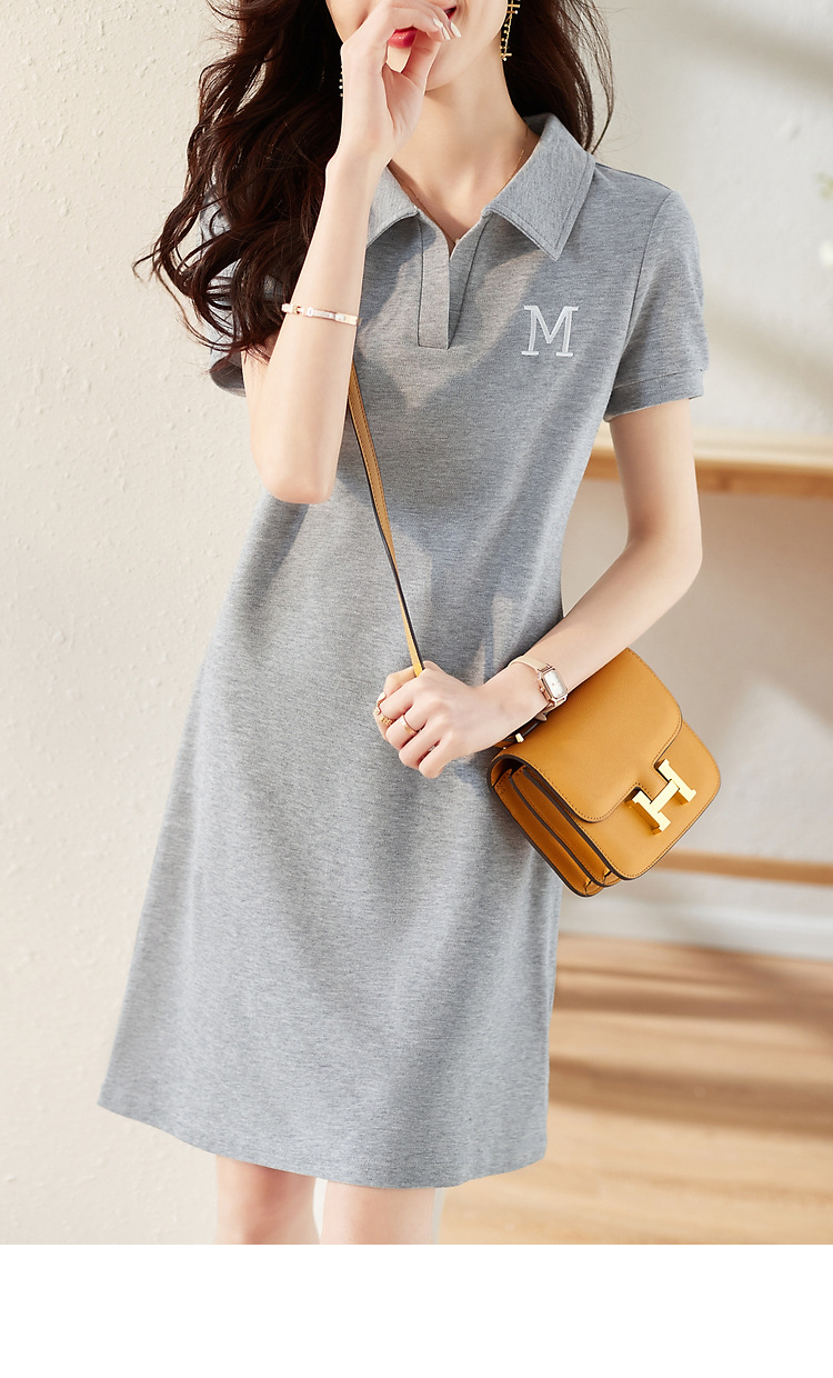 Đầm suông nữ midi phong cách thể thao Hàn Quốc, chữ thêu, màu xám — màu xám chi tiết 4