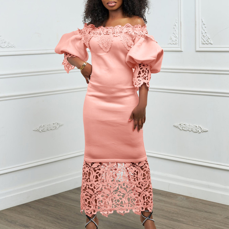 Cross-border women's clothing new off-neck lace stitching banquet evening dress lantern sleeve OL bridesmaid dress foreign trade dress Cross-border women's clothing new off-neck lace stitching banquet evening dress lantern sleeve OL bridesmaid dress foreign trade dress