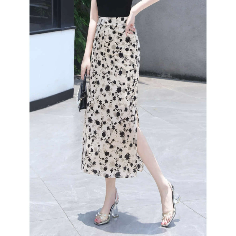 Новая тонкая прямая юбка с разрезами с обеих сторон, юбка А-силуэта, длинная юбка, женская летняя юбка больших размеров, плотно прилегающая к телу.