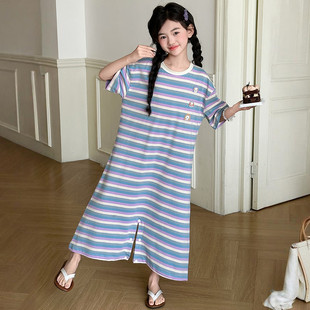 Children's Pajamas Girls Nightgown Summer 2025 New Girls Summer Striped Pajamas Big Children Short Sleeve Thin Home Clothes
