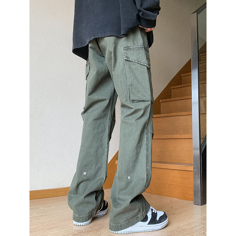 Pantalones americanos de moda masculinos rectos y sueltos de alta calle retro de piernas anchas de tope de piso de micro cuerno pantalones de trabajo casuales