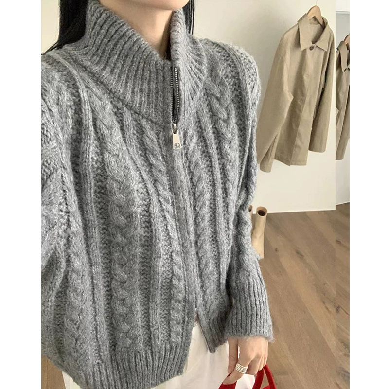 Demi-season retro cardigan with zipper, short sweater, jacket, Korean style, high-quality style