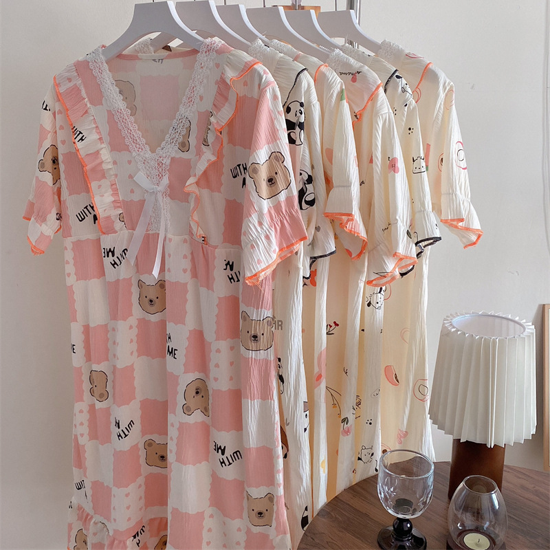 Pijamas de verano de mangas cortas de algodón tejido arrugado lindo dulce vestido de princesa nuevo vestido de ropa de hogar suelto