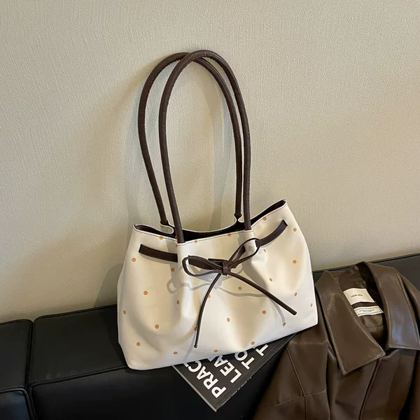 Commuting Single-Shoulder Underarm Tote Bag with Polka Dots, Retro Large Capacity Trendy Women's 2026 New Bowknot Casual Tote Bag