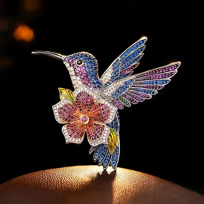 Enamel hummingbird flower brooch, European and American vintage full-diamond brooch, dress and suit accessory, available for one-piece drop shipping