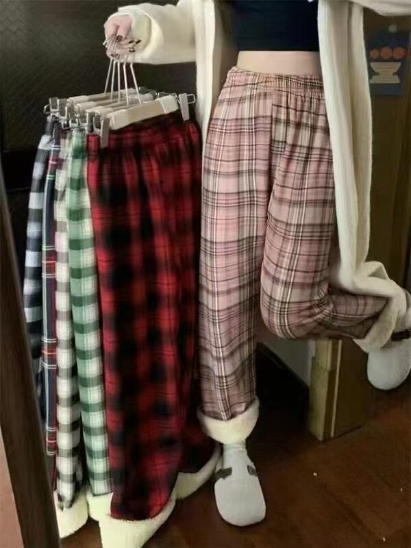 格子とベルベットのワイドパンツ女性冬の新型学生は腰がゆったりしているストレートで、子羊のベルベットの保温カジュアルパンツを厚くしている|undefined