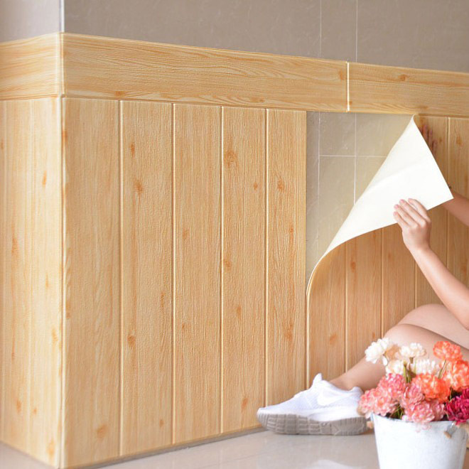 Self-Adhesive Wallpaper 3D Stereo Wall Stickers Wood Grain Bedroom Wall Skirt Wall Ceiling Ceiling Foam Waterproof Sticker Renovation
