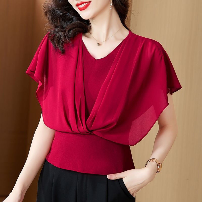 Bat Sleeve Top Chiffon Women's T-shirt Short Sleeve Summer New Thin Waist Tight Belly Covering New Style Women's Top