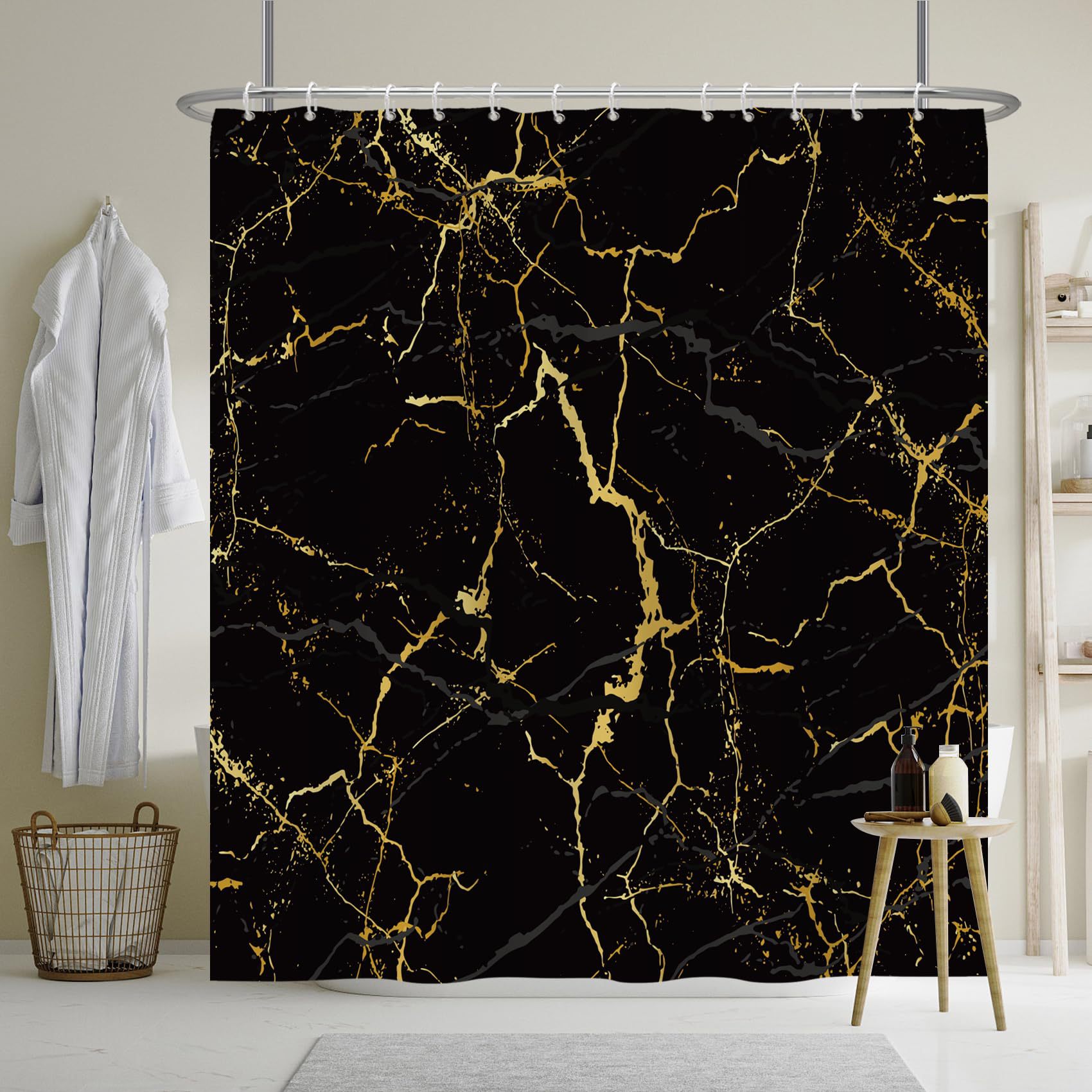Cross-Border Shower Curtain Black Gold Marble Unique Gold Foil Digital Printing Bathroom Toilet Waterproof and Mildew-Proof Partition Curtain