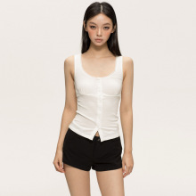 U领蕾丝单排扣开叉吊带背心女夏季款修身显瘦辣妹露背上衣