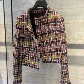 2024秋季新款红色格纹斜纹编织软呢马赛克小香风粗花呢短款外套女