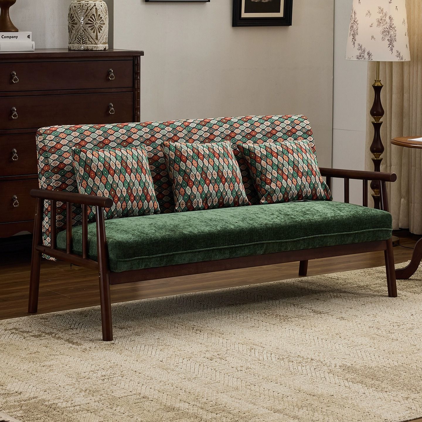 Retro Style Solid Wood Sofa Living Room Features Small Apartment Three-Seat Straight Sofa Chair Mid-Century Style Fabric Sofa