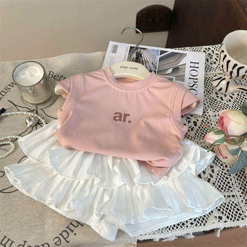 Korean children's clothing 2024 new summer girl's letter print T-shirt and baby girl stylish pleated skirt pants two-piece set