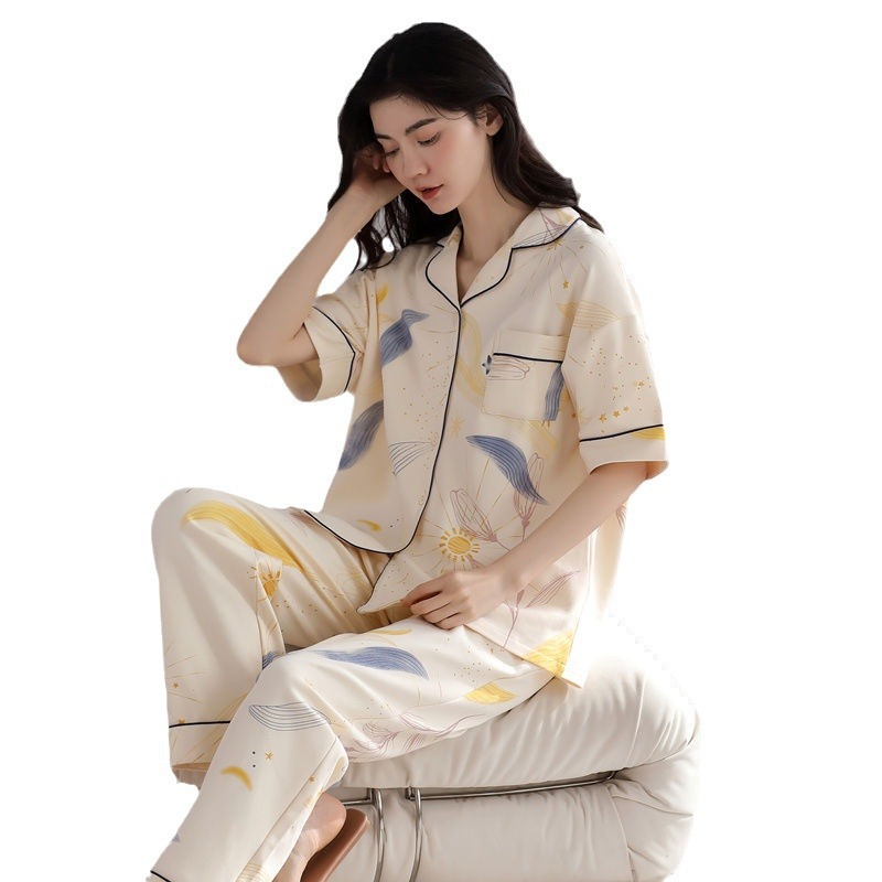 Pijama de mujer algodón de verano de manga corta pantalones cardigans dulces de alto valor facial conjunto de ropa para el hogar