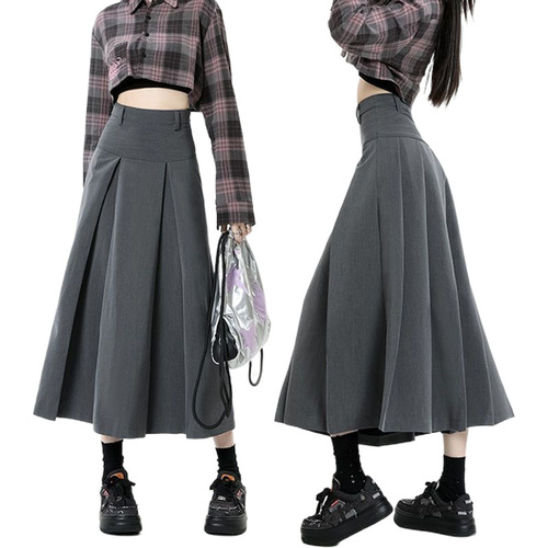 High-end grey semi-slip dress for women with pleated school style, autumn high-waisted flowing medium-long length raincoat style fashion skirt