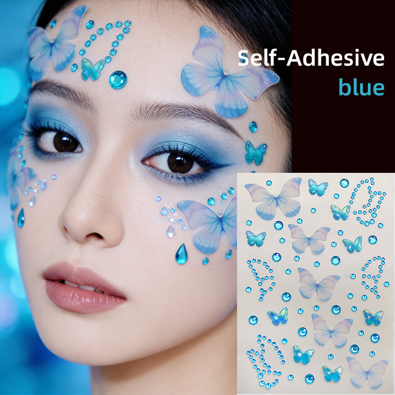 Dreamy Butterfly Rhinestone Face Stickers Pink Girly Photo Shoot Stage Makeup Glue-Free Self-Adhesive Facial Decoration Stickers