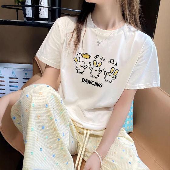 Pure Cotton Short-sleeved T-shirt Women's Summer Korean-style Loose Round Neck Stylike Printed All-match Ins Style Fashionable Women's Top