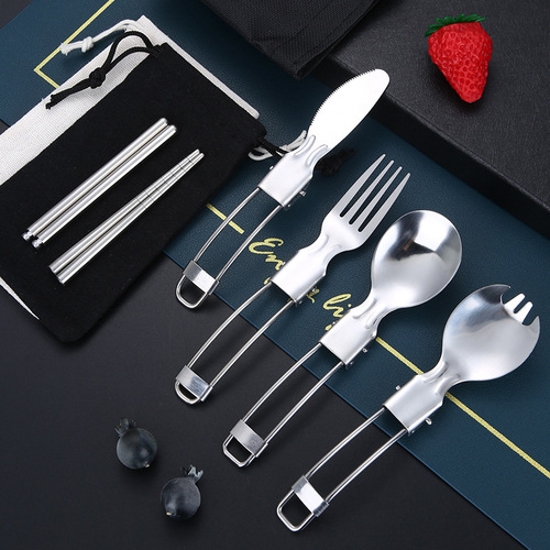 304 stainless steel portable foldable tableware set outdoor travel camping creative knife, fork, spoon, chopsticks, salad spoon