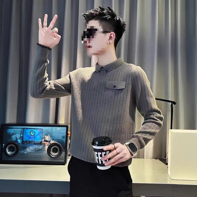 Winter Stylish Long-Sleeve Base Shirt Collar Slim Sweater Men's Striped Casual Trendy Knitwear