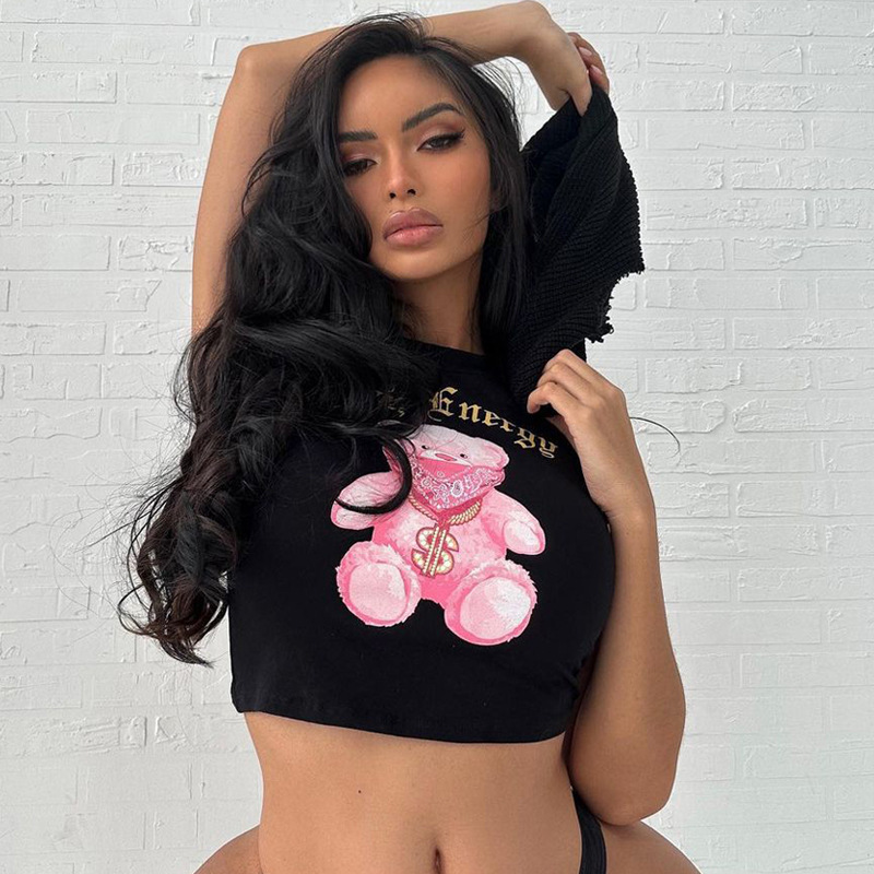 American Letter Printed Top Cute Bear Printed T-shirt Sexy Spice Girls Navel Short Sleeve Top Summer Women Vintage