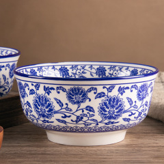青花磁器の7インチの大きい碗のスープの碗の油をかけて麺の碗の牛肉を引っ張ります。