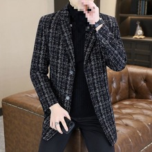 秋冬款中年毛呢大衣男士外套加厚中长款西装领格子休闲风衣男