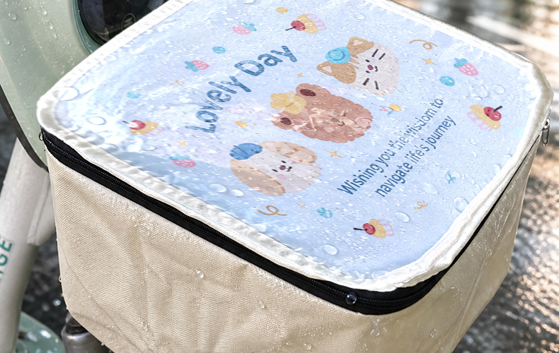 New electric bike front basket PVC waterproof cover, bicycle basket dust cover, cartoon-themed universal modification accessory
