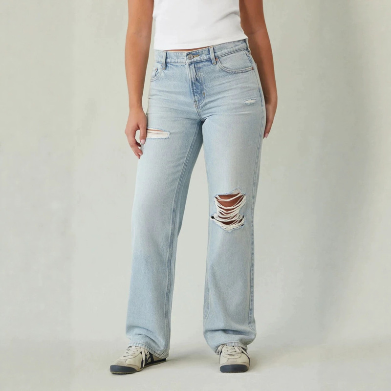 European and American Cross-Border Aliexpress Foreign Trade Whiskered Washed Ripped Jeans for Women, Loose Straight Casual Denim Pants for Women
