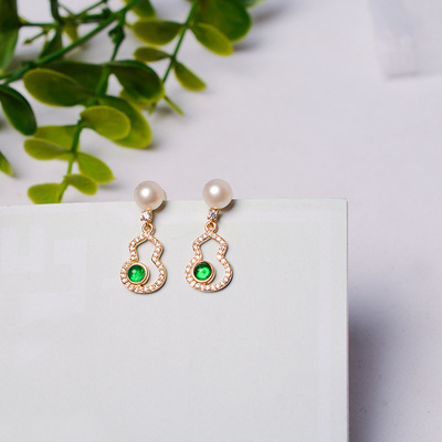 senior natural freshwater Pearl Ear Studs Korean Edition personality s925 Silver needle Emerald zircon gourd Earrings Retro