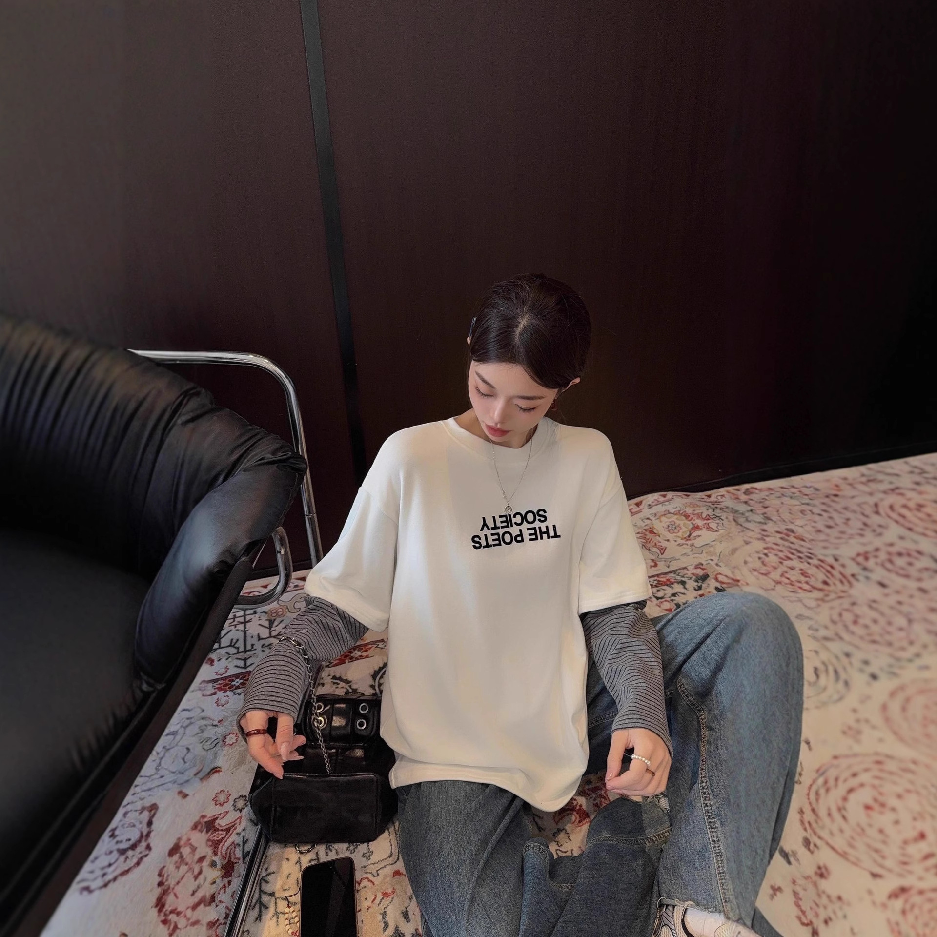 Spliced ​​Sleeves Fake Two-Piece 2025 Winter New Korean Style Slimming Look Inner Wear Fashionable Single Wear Long-Sleeved Lazy Style Bottoming Shirt for Women