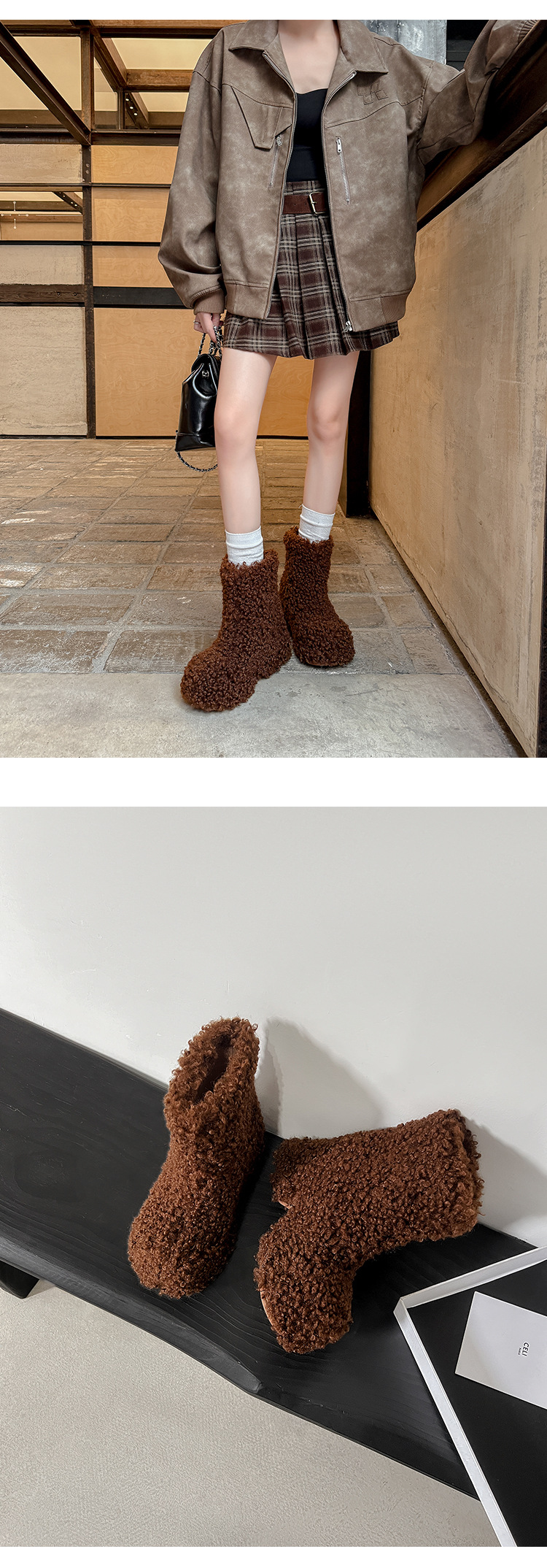 Boot nữ cổ cao lông cừu đế dày giữ ấm mùa đông — Lót nhung đen chi tiết 19