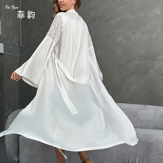 European and American Cross-border New Arrival Satin Pajamas Women's Lace Light Luxury Long-sleeved Cool Nightgown Bathrobe Home Clothes Women's 803