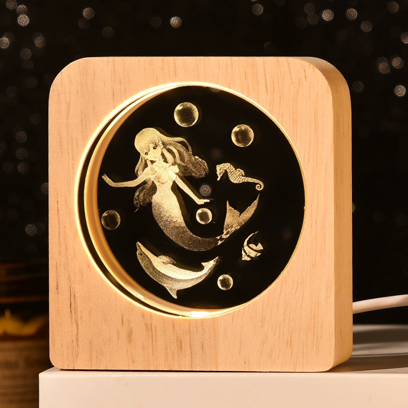 [跨境星球小夜灯3D图案内雕发光水晶桌面摆件木质底座景观节日礼物]