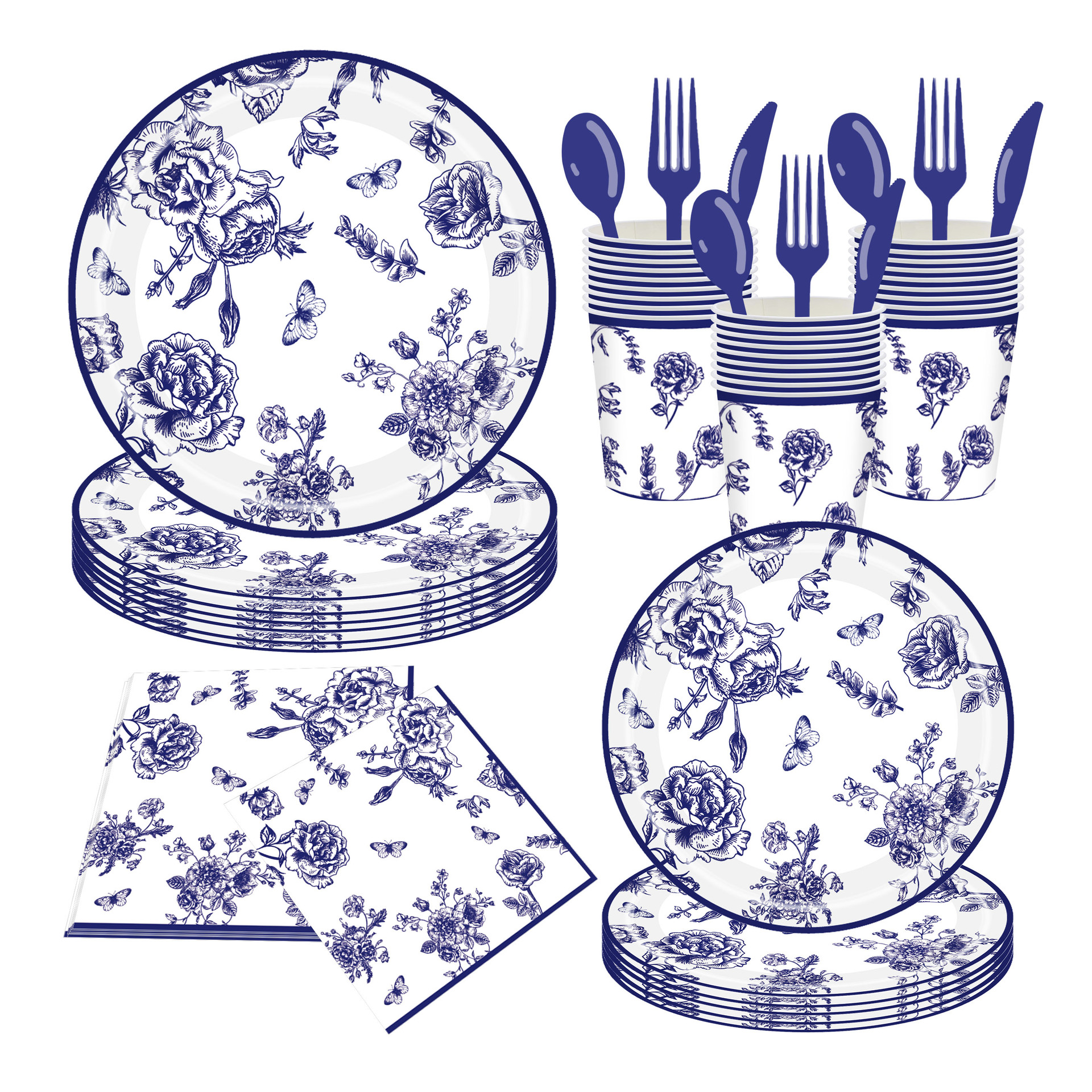 Artículos de fiesta desechables con temática floral de porcelana azul y blanca de nuevo estilo para exteriores: vasos de papel, servilletas de papel, platos de papel.