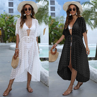 Women's blouse cross-border European and American women's polka dot three-dimensional chiffon shirt beach sun protection shirt irregular lace-up cardigan
