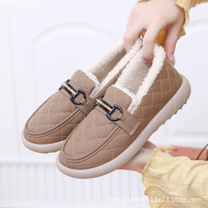 女棉鞋pu时尚款舒适防滑厚底一脚蹬休闲妈妈棉靴加绒保暖豆豆棉鞋