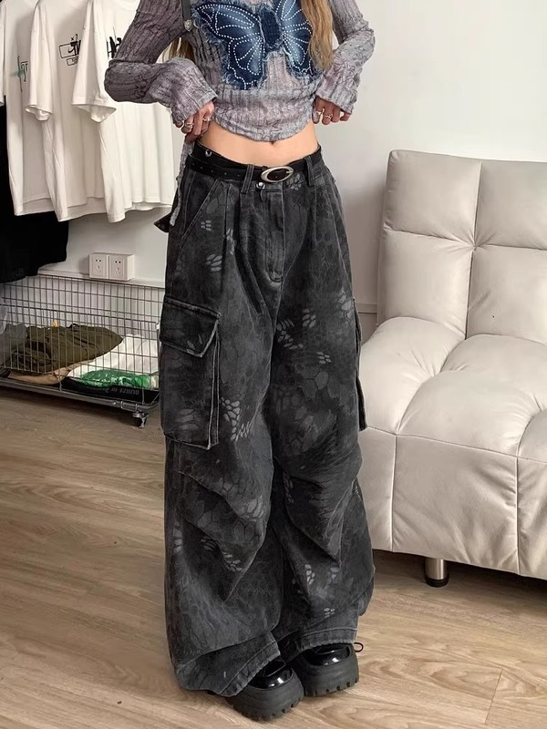 大码复古做旧迷彩蛇纹工装阔腿裤女2025夏美式街头百搭多口袋长裤|undefined