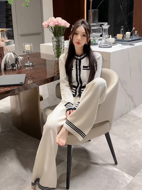 【现货】法式小香名媛套装女秋新款气质撞色上衣阔腿裤针织两件套|undefined