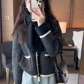 设计感外搭小香风针织开衫女秋冬季新款圆领宽松撞色长袖毛衣外套