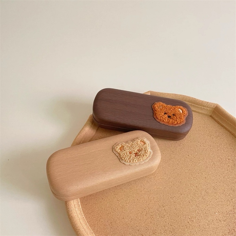 Ins Bear Vintage Wooden Color Glasses Box Mori Style Artistic Pattern Wooden Quality Pressure-proof Sunglasses Box Solid Color Storage Box