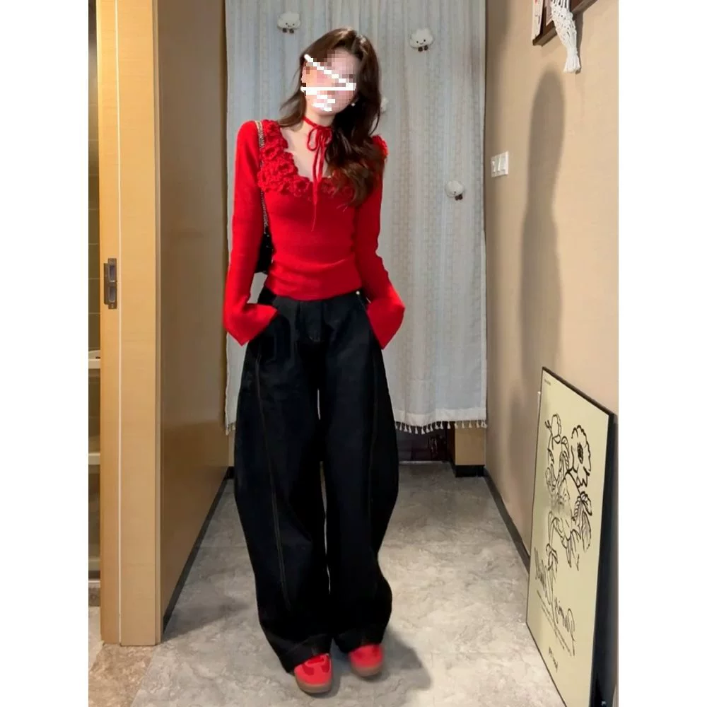 Красный объемный свитер с цветочным принтом для женщин, подходит для весны, осени и зимы, облегающая трикотажная рубашка с длинными рукавами.