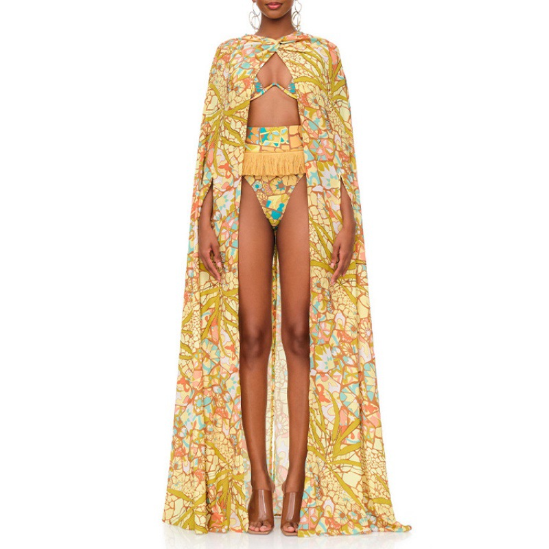 Women's Ethnic Print Bikini Set European American Style Tassel Design Cross Border Fashion Swimwear For Spring/Autumn Summer_voghion.com