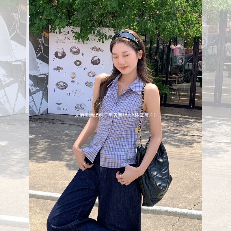 Blue and green plaid polo collar tank top for women, 2026 summer new design, loose and slimming sleeveless top